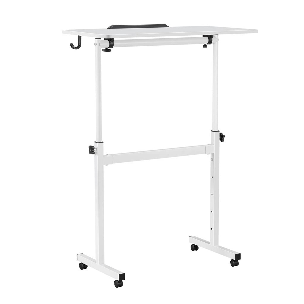Height adjustable standing desk frame with tilting desktop and caster wheels