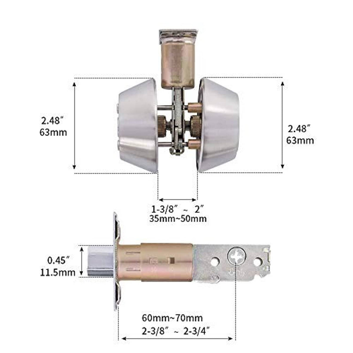Deadbolt lock dimension diagram showing cylinder, knob, and latch components