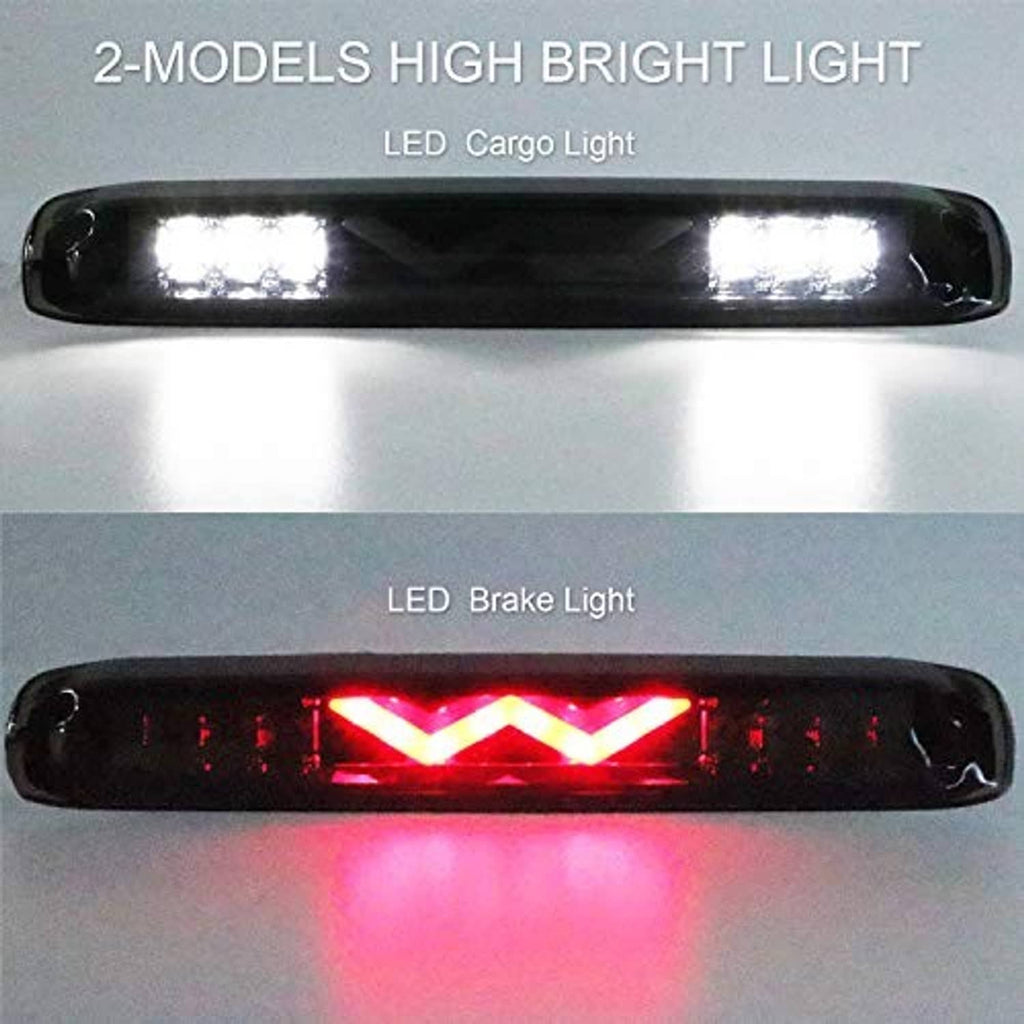 LED third brake light with bright red center chevron on smoked lens