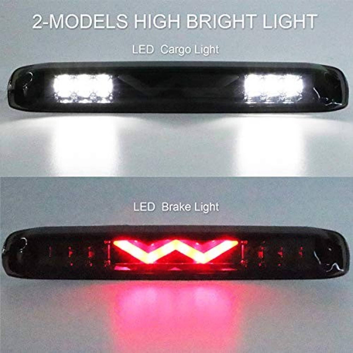 LED third brake light with bright red center chevron on smoked lens