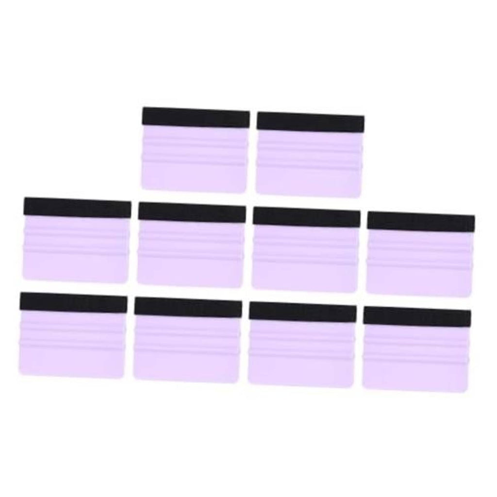 Purple felt-edge vinyl squeegees set, black ribbed grip on each tool