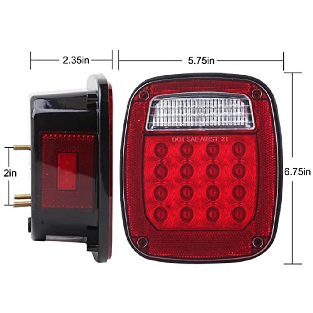 Square rear tail light with red lens and clear LED window, side view and size