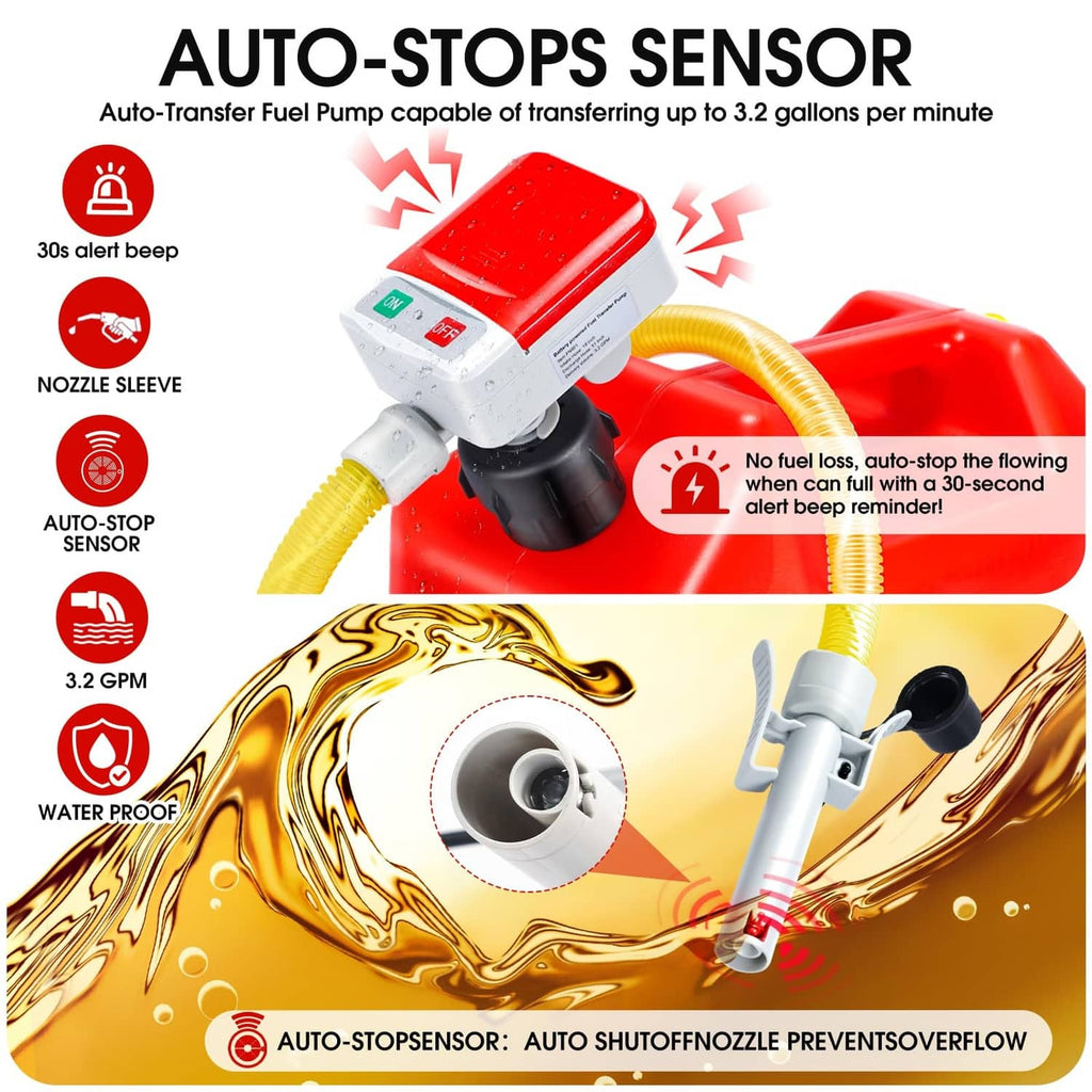 Red fuel transfer pump with auto-stop sensor nozzle and yellow discharge hose