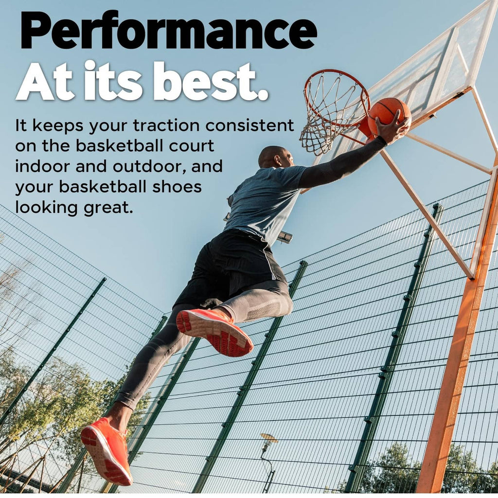 Performance Grip shoe traction spray bottle near basketball on outdoor court