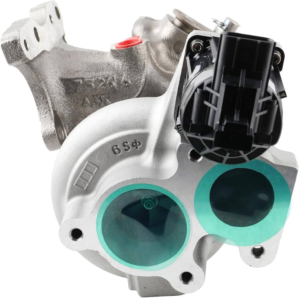 Turbocharger with teal intake ports, black electrical module, and silver housing