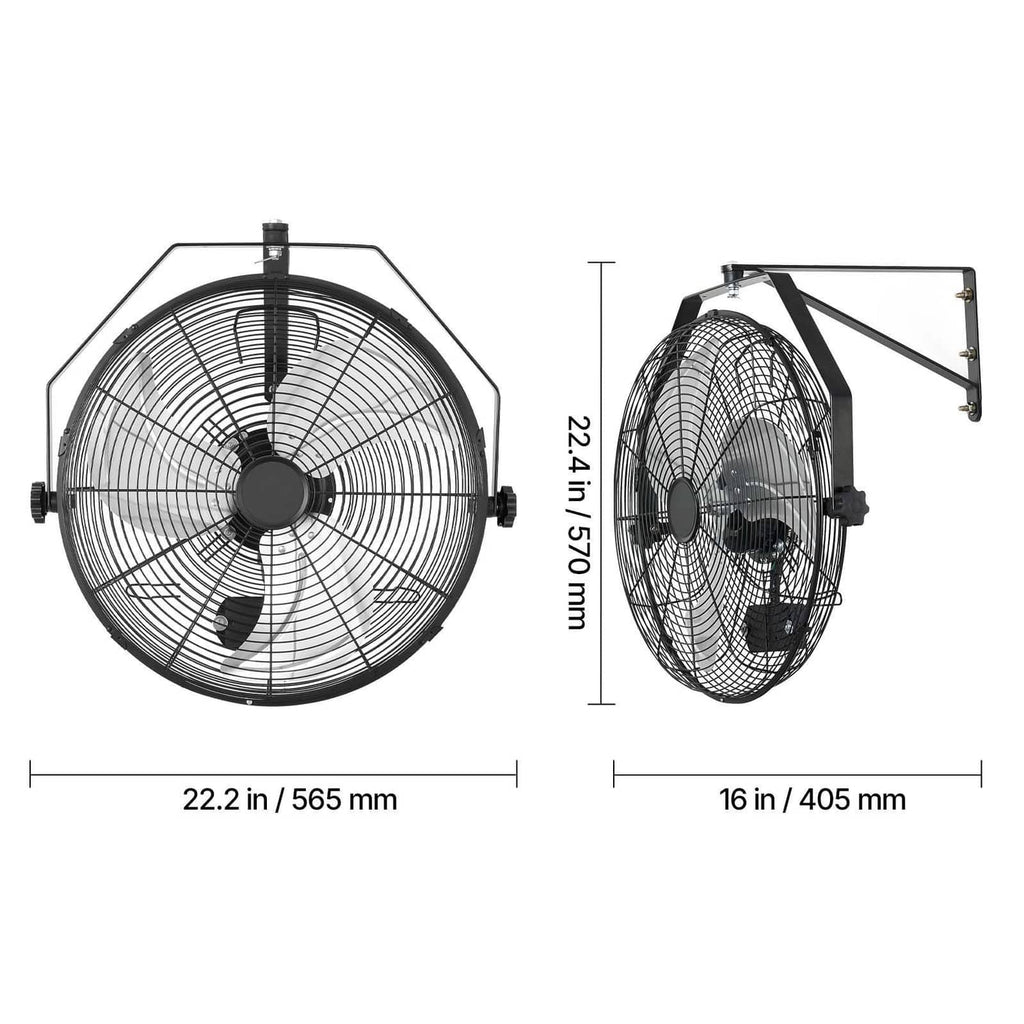 Wall fan with two-view sizing layout, wire grille and black mounting bracket