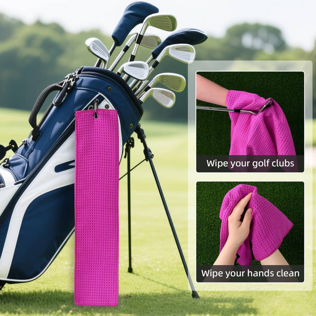 Magenta waffle-weave microfiber towel clipped to a golf club shaft
