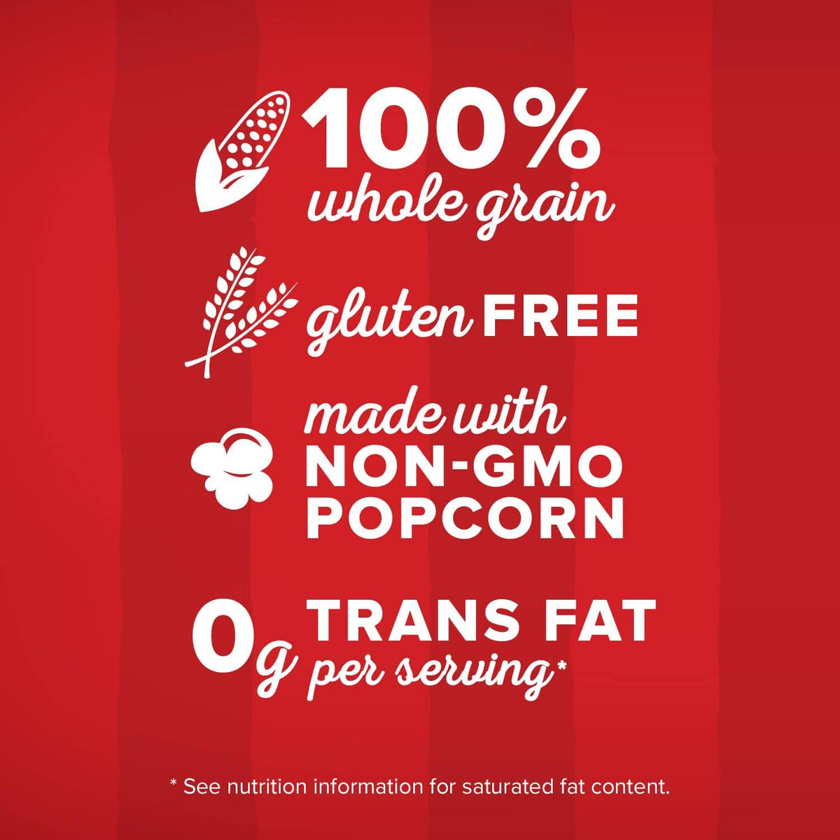 Label graphic: 100% whole grain, gluten free, non-GMO, 0g trans fat per serving