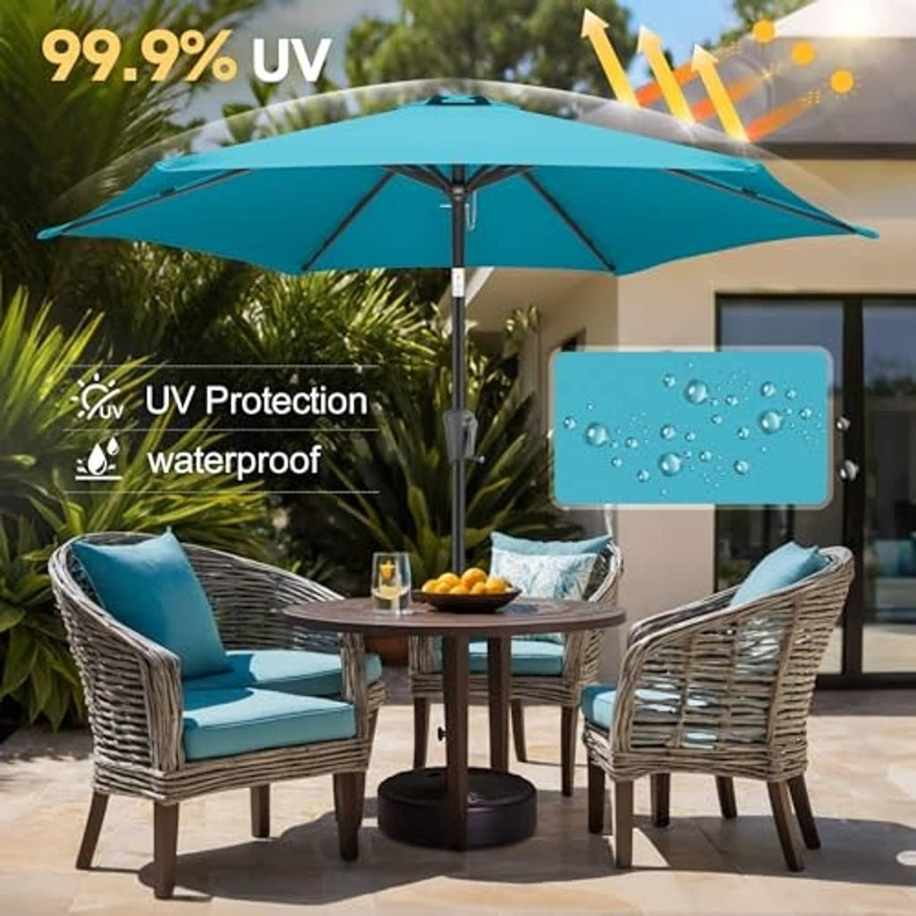 Aqua blue patio table umbrella open over outdoor seating set