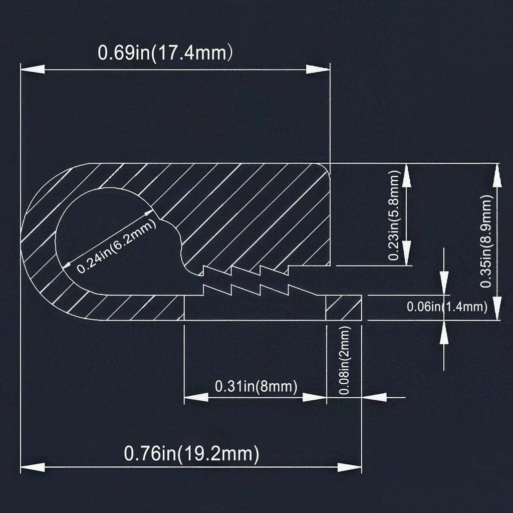 White cable clip size diagram with measurements and wire fit details