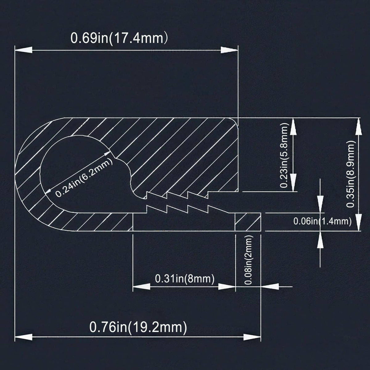 White cable clip size diagram with measurements and wire fit details