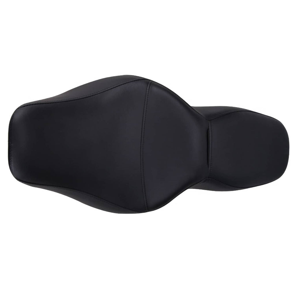 Black motorcycle passenger seat with wide padded front and curved side profile