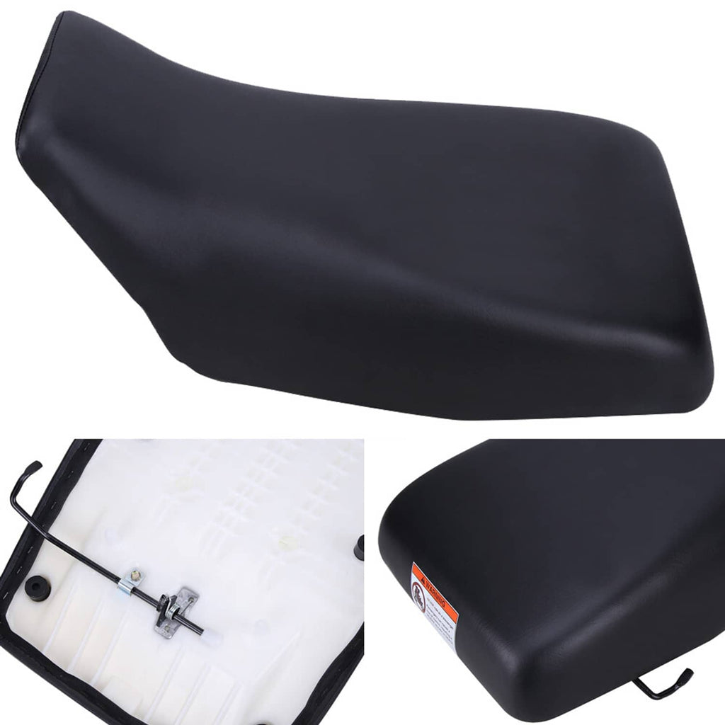 Black ATV seat cushion with underside showing metal mounting hardware and straps.