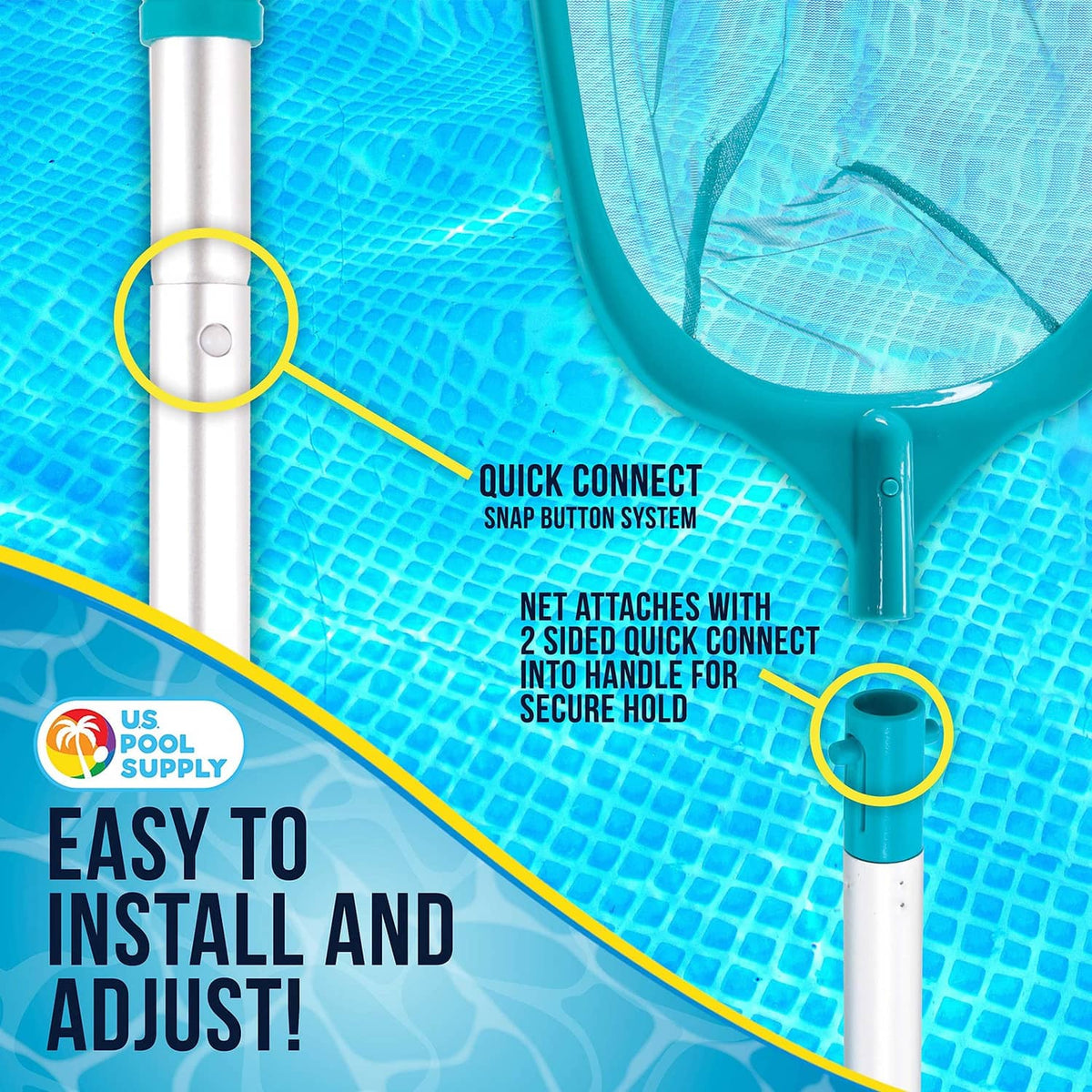 Quick-connect leaf skimmer pole segments with blue mesh net attachment.
