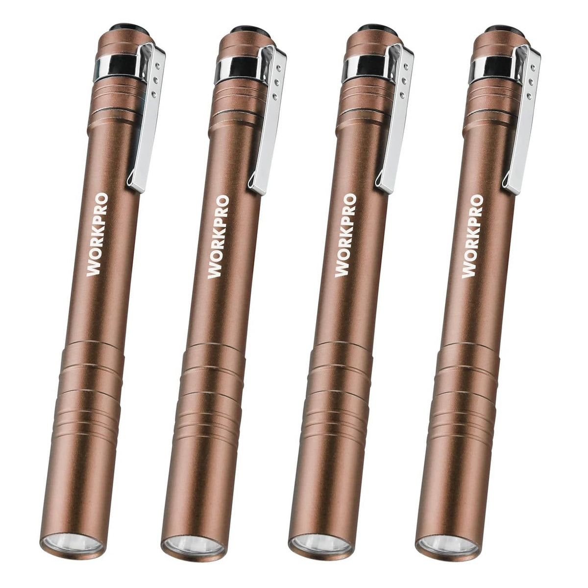 WORKPRO brown aluminum LED pen flashlight with pocket-style clip and metal end cap.