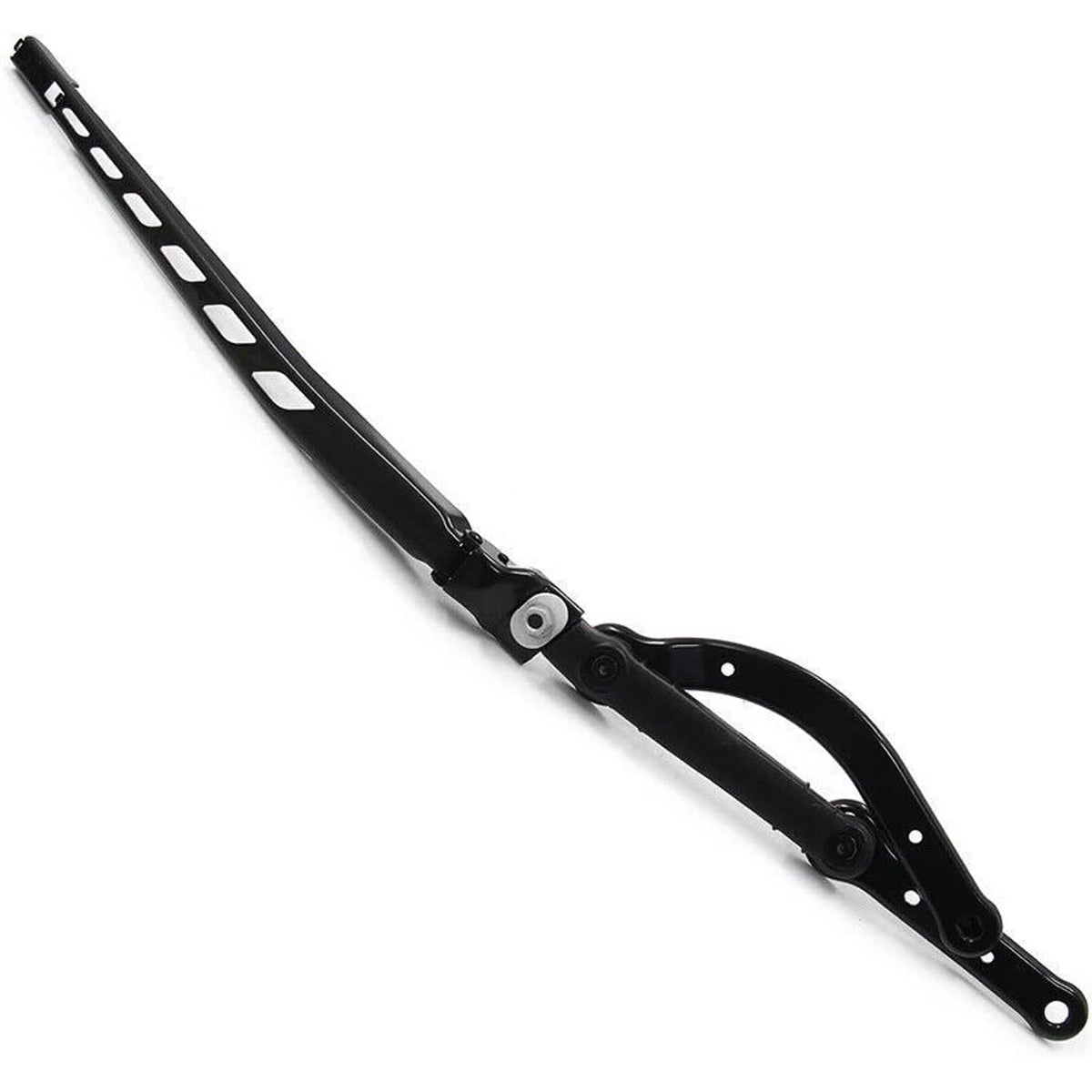 Black windshield wiper arm with perforated blade strip and curved support, long view