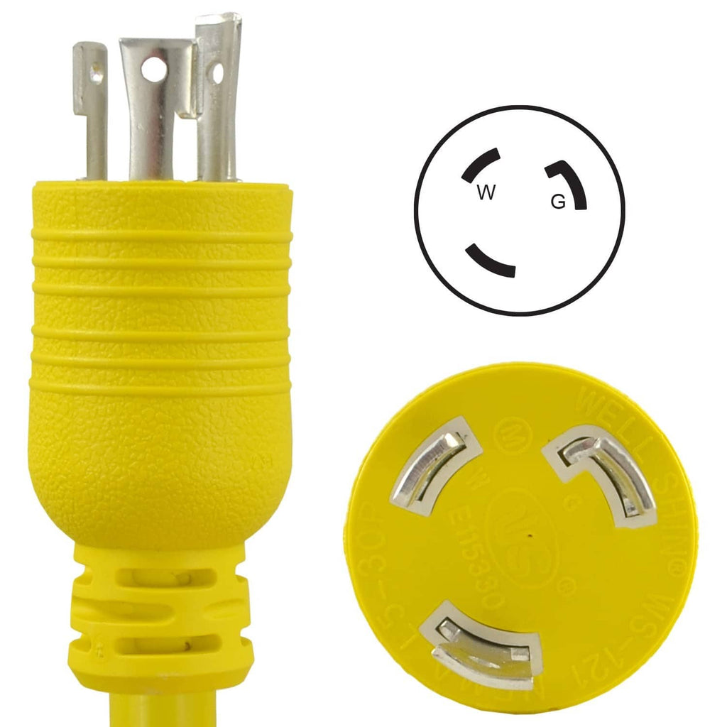 Yellow 30 Amp RV generator adapter with 3-prong plug and locking cap