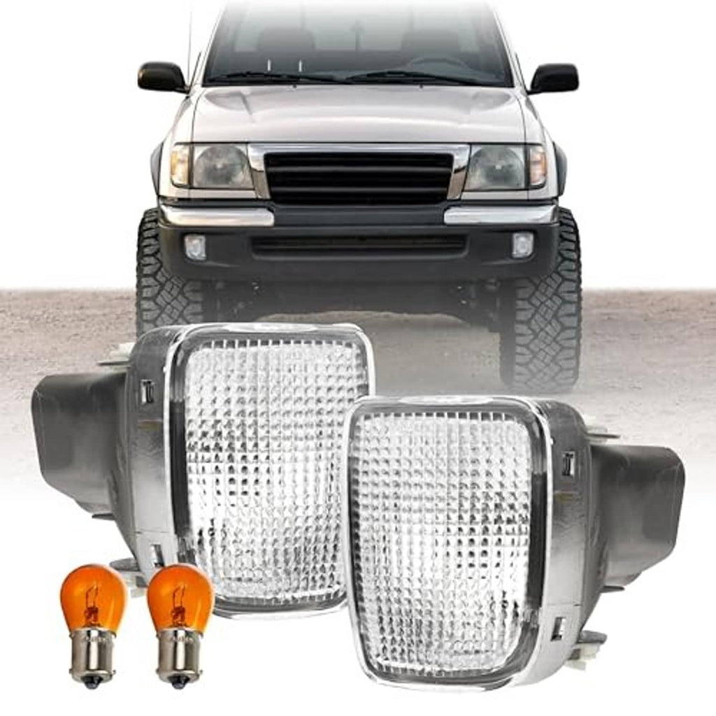 Clear rectangular turn signal lights with amber bulbs, front bumper view