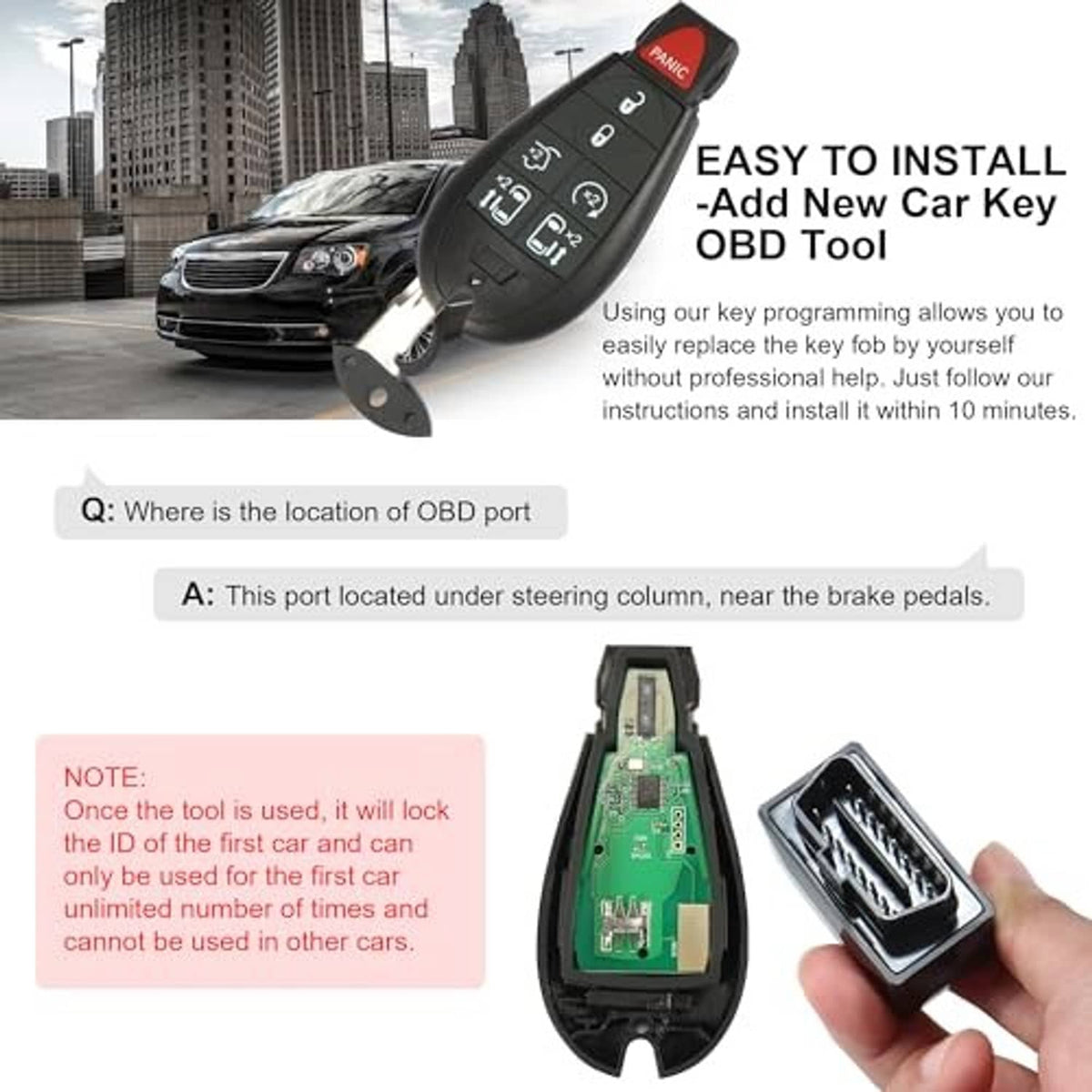 Black key fob remote with metal key blade and OBD programming tool for setup