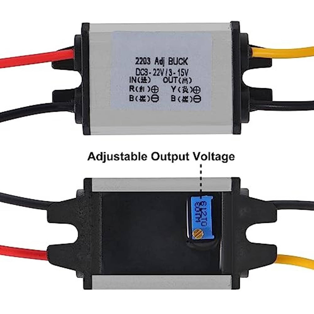 DC buck converter module with output voltage label and blue adjustment component on front
