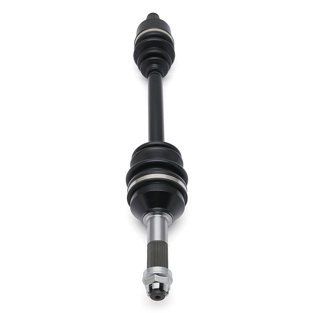 Rear CV axle shaft with two black rubber boots and metal splined end