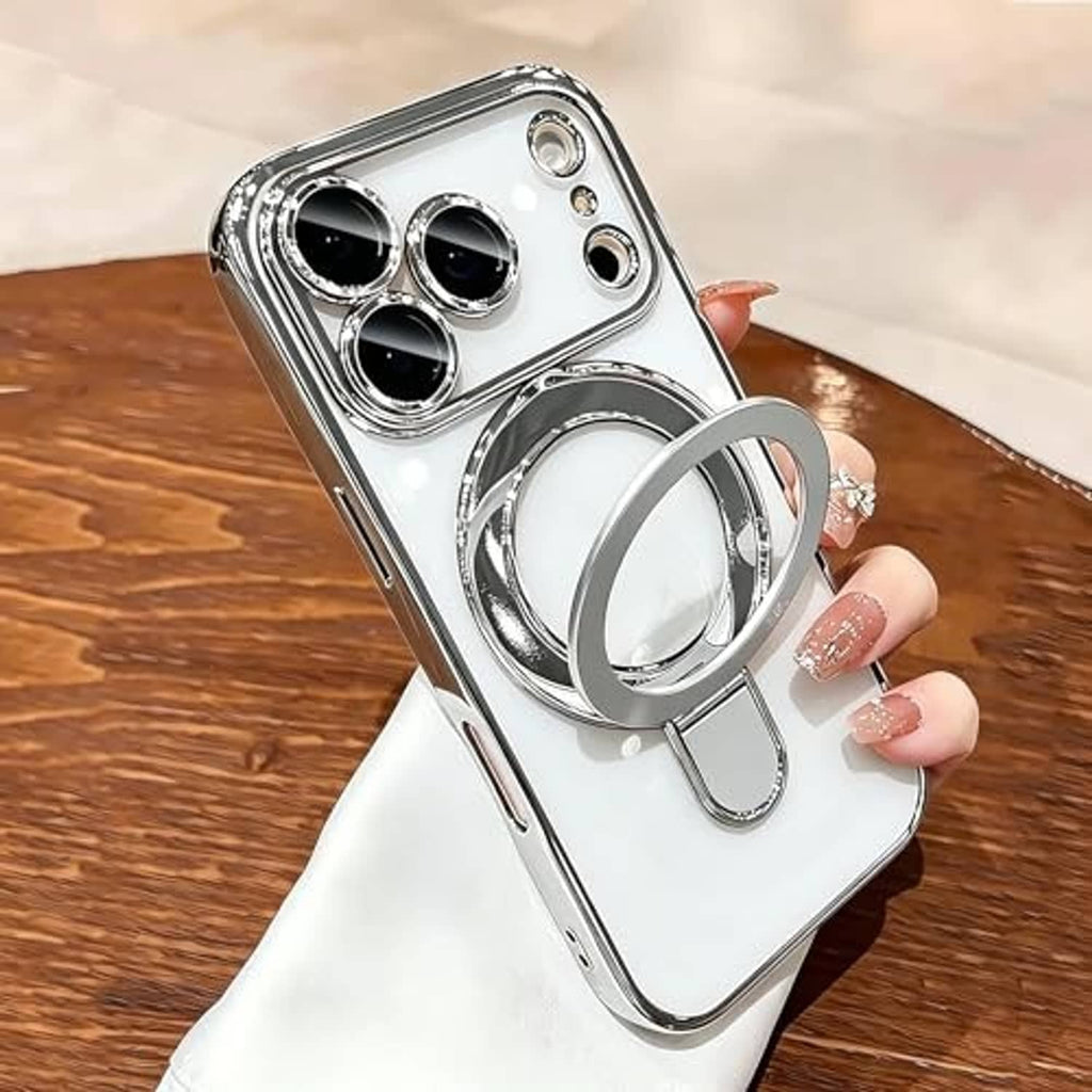 Silvery transparent iPhone case on a table with magnetic ring holder and lens cutouts