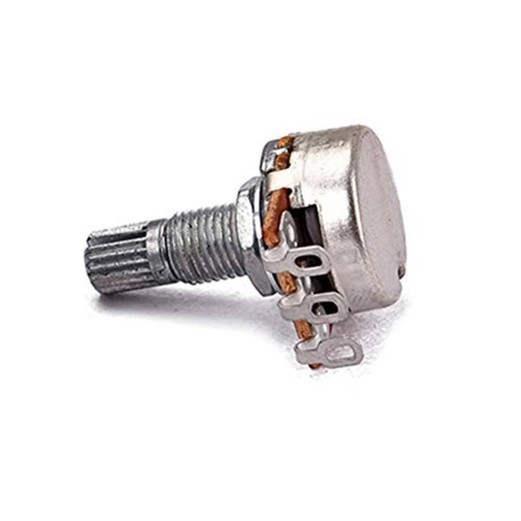 Potentiometer close-up showing knurled split shaft, metal body, and solder lug terminals