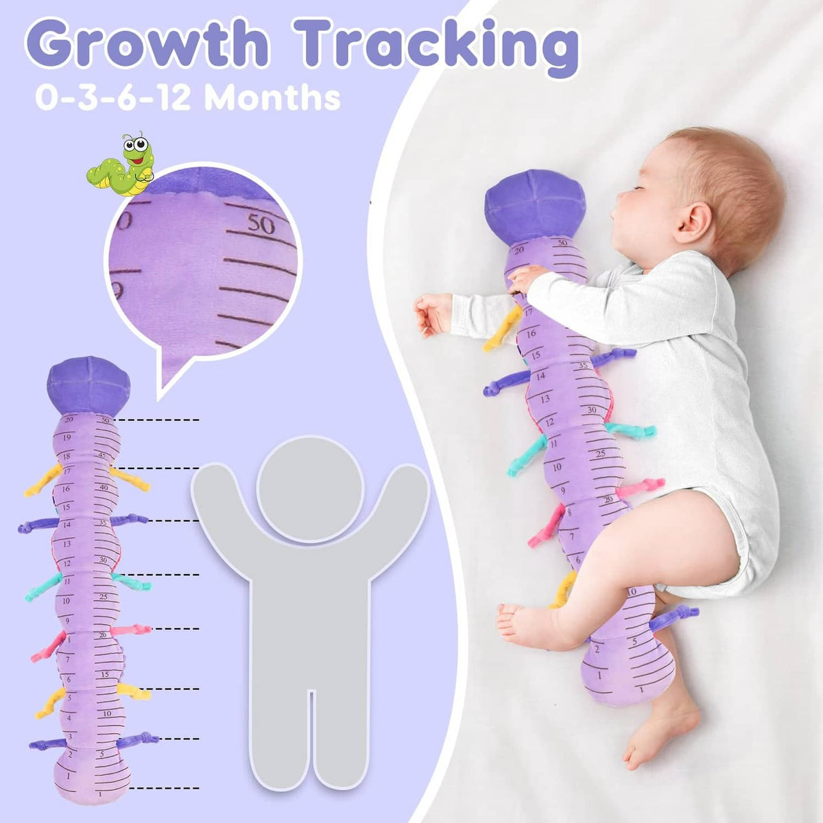 Purple plush caterpillar with colorful striped segments and dangling antennae