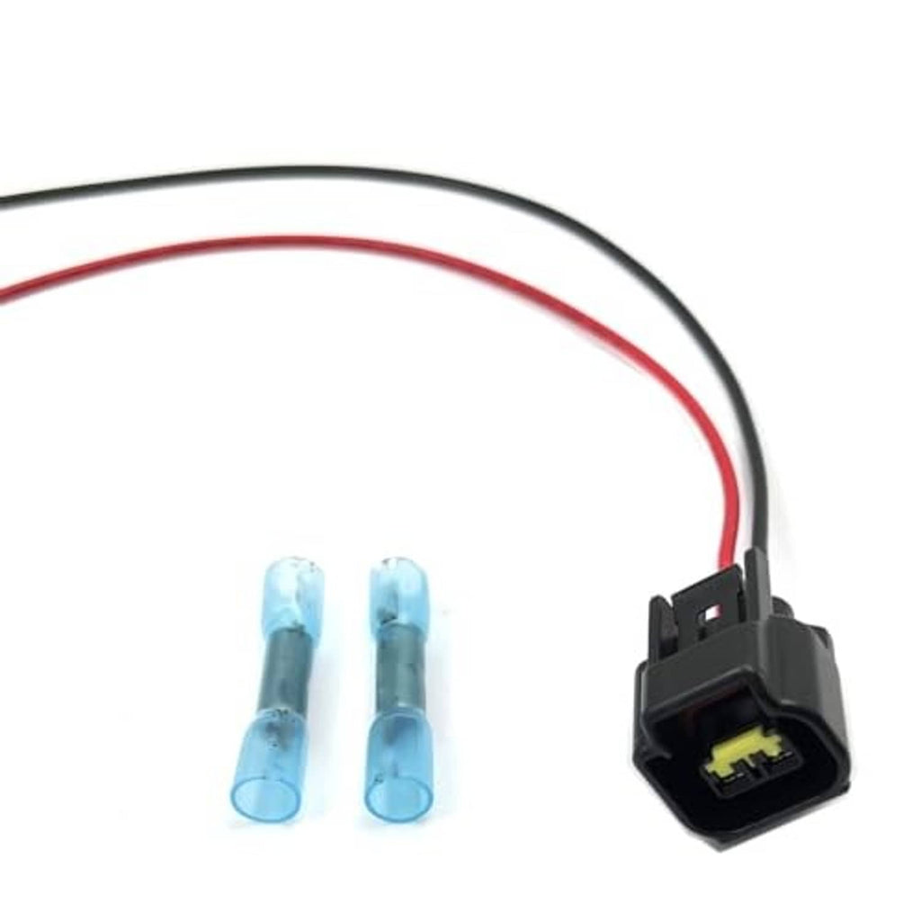 Crankshaft sensor wiring harness connector with black plug, red and black wire leads and blue pins