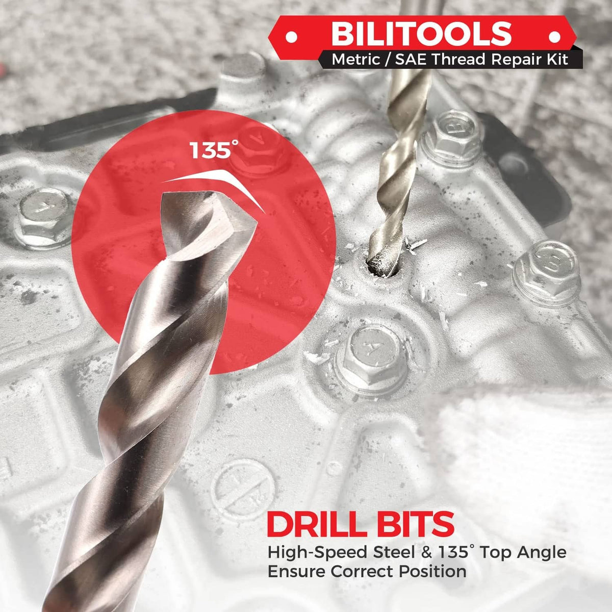 HSS drill bit for thread repair with 135° top angle tip and spiral flutes