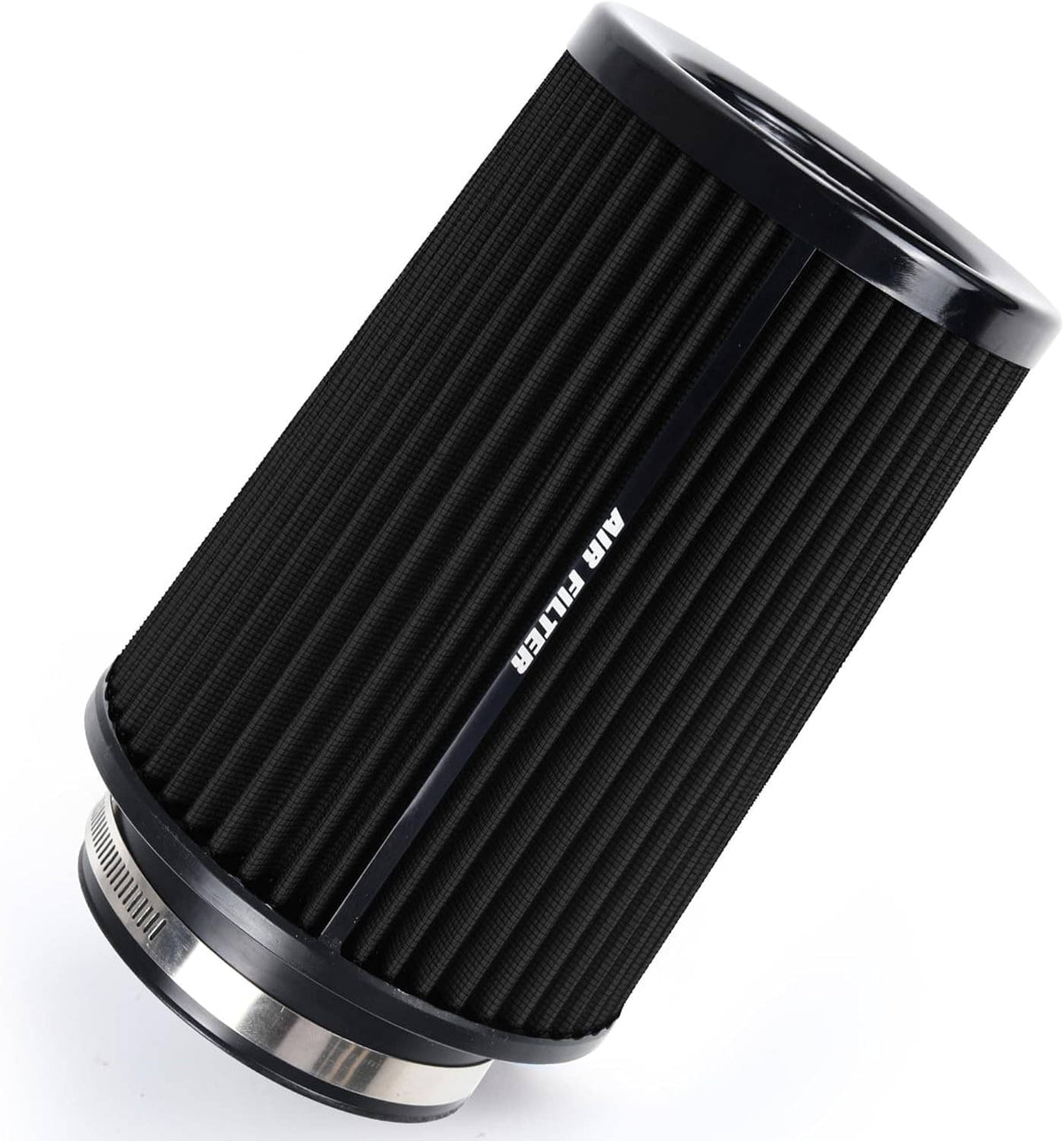 Black cold air intake filter cylinder with pleated mesh and metal end caps