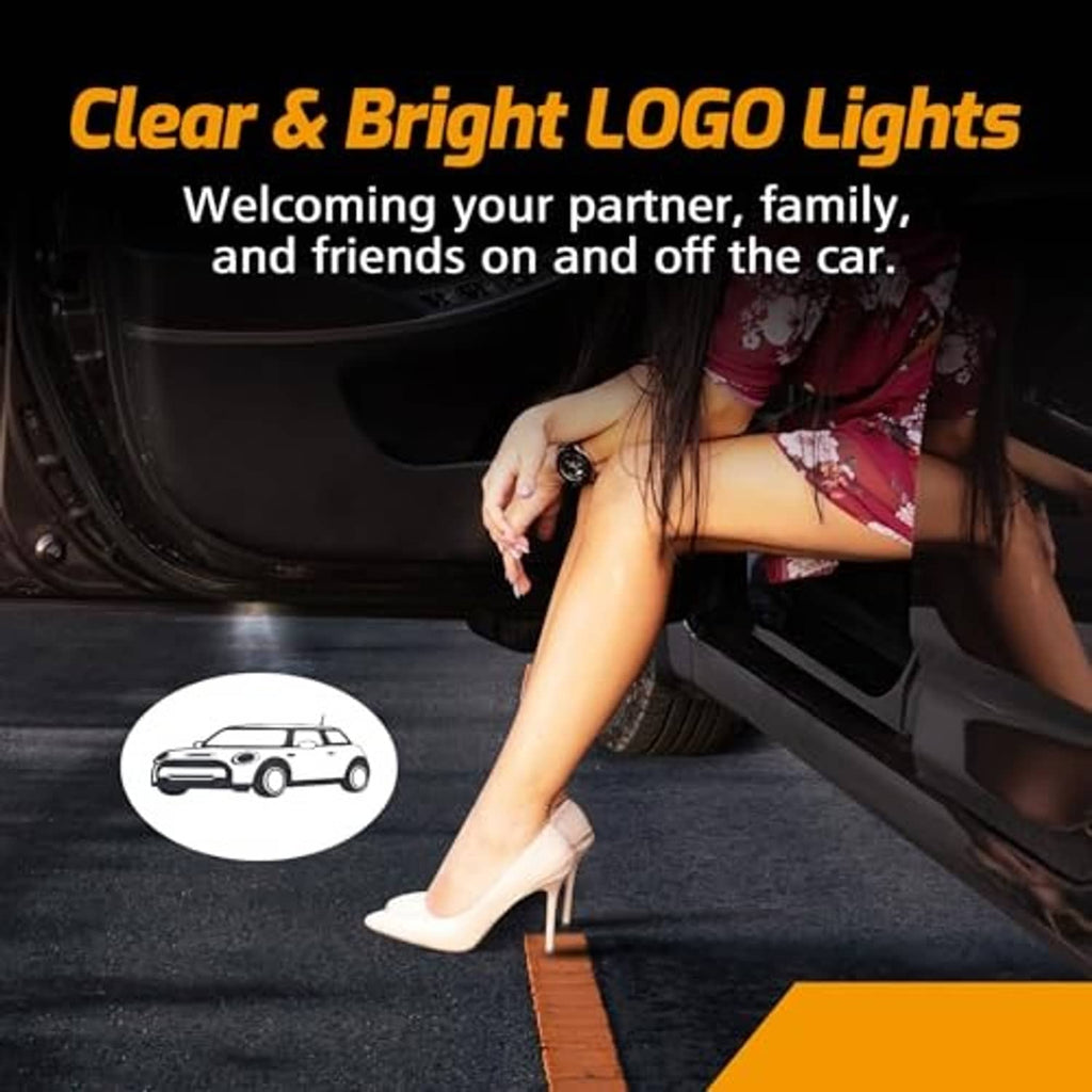 Car door projector light projecting a white car logo on the ground