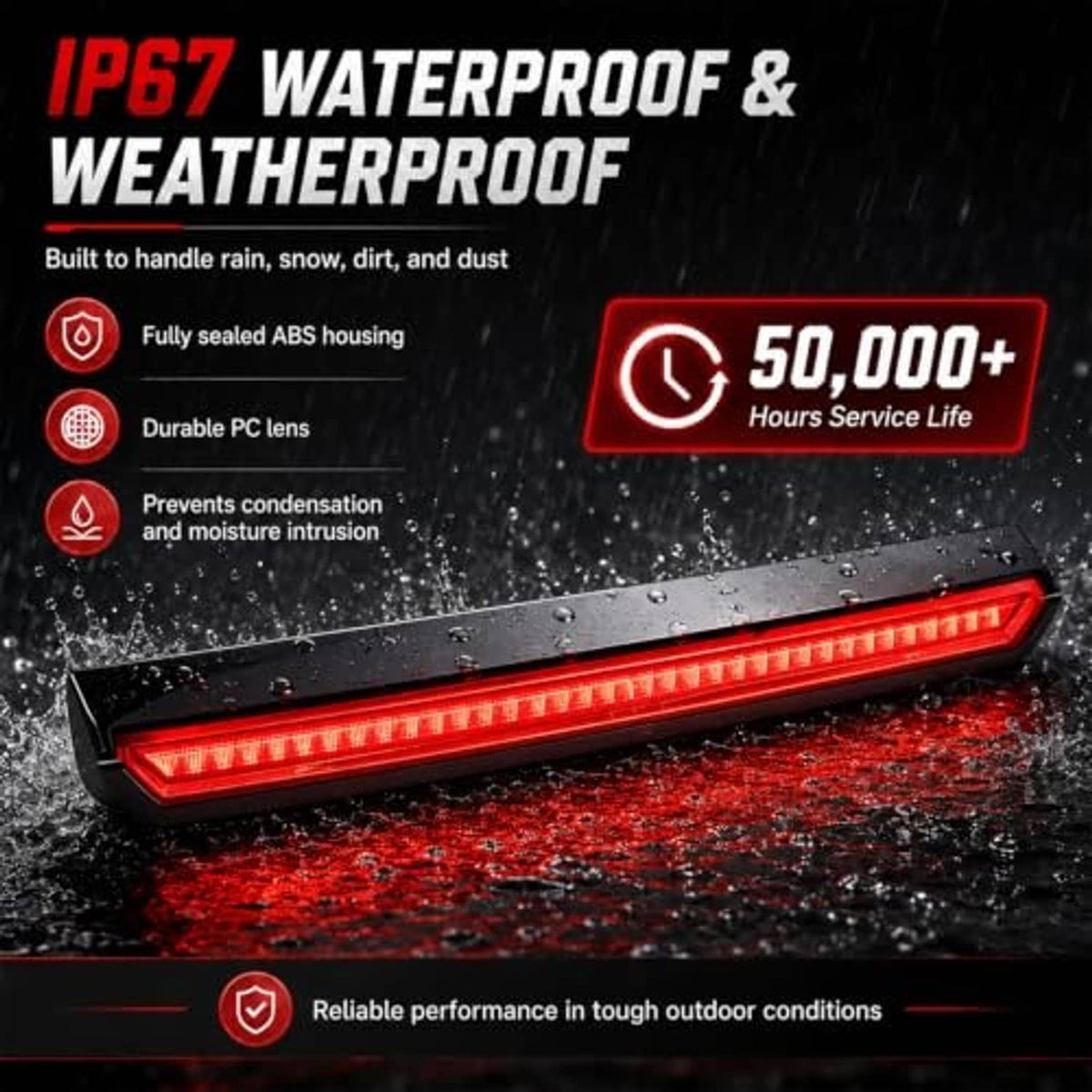 LED 3rd brake light with red LEDs on black housing amid water splash