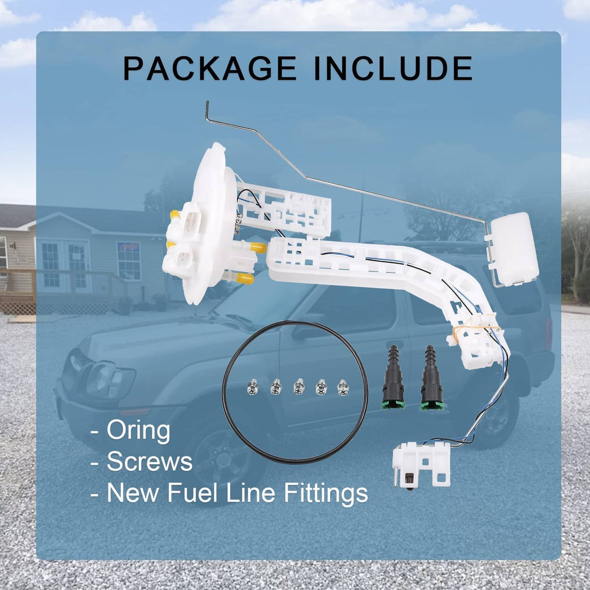 Fuel pump assembly kit with O-ring, screws, new fuel line fittings, and wiring harness
