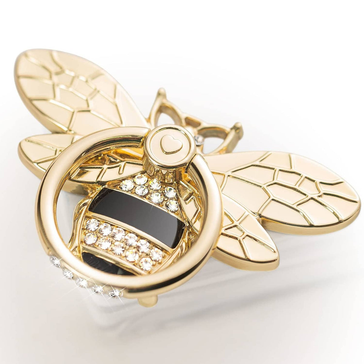 Gold bee phone ring holder with crystal accents and heart emblem, foldable kickstand