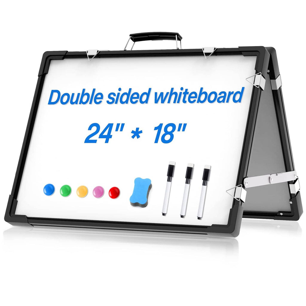 Foldable double-sided dry erase whiteboard with black frame, tray, magnets and markers