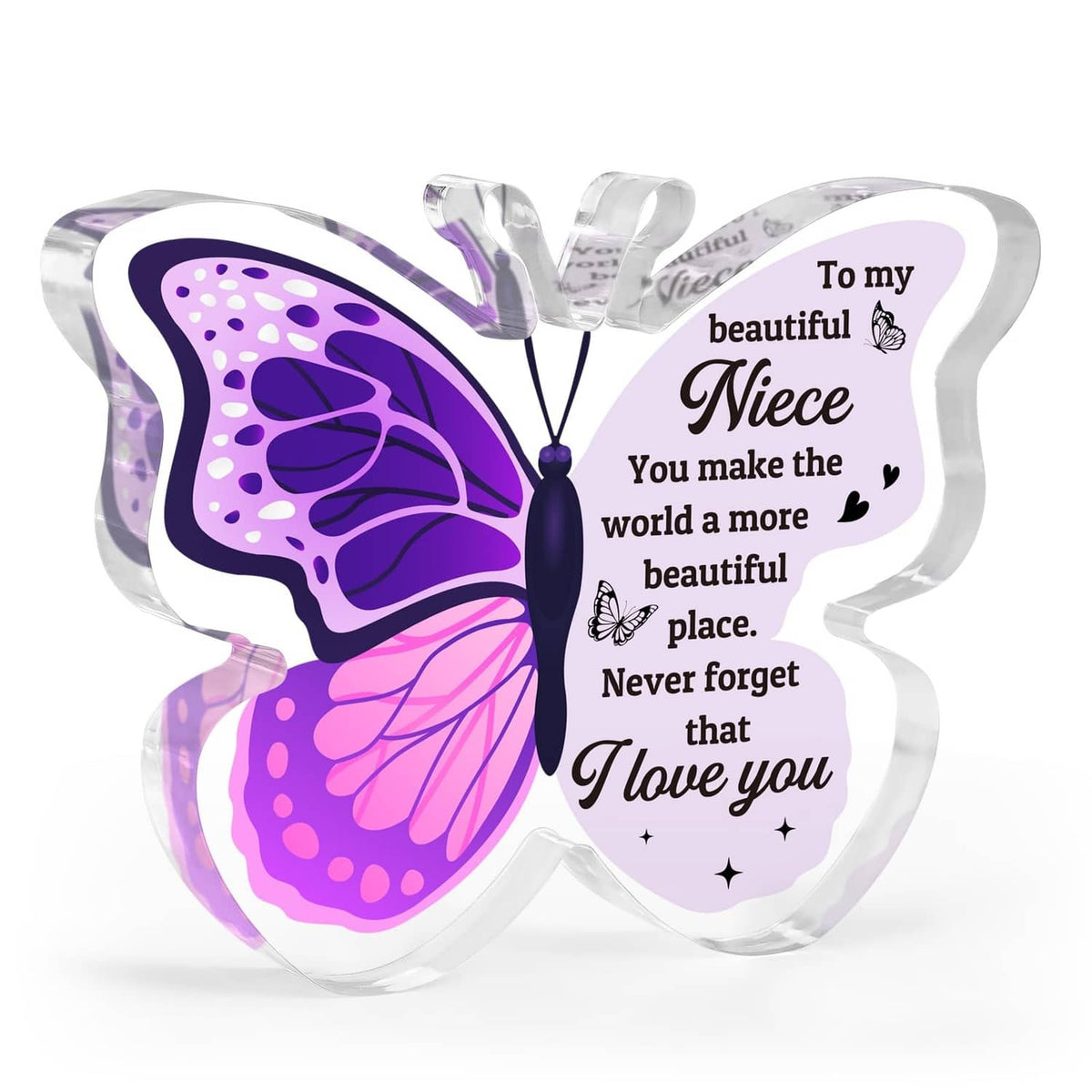 Purple butterfly-shaped message card with clear ribbon and 'To my beautiful Niece' text