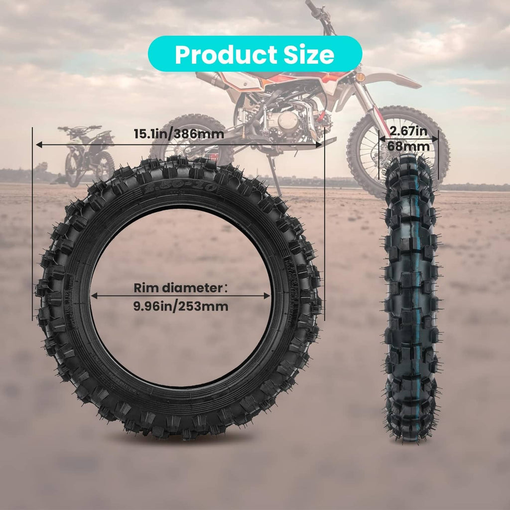 2.50/2.75-10 tire and inner tube set with rim diameter and width sizing