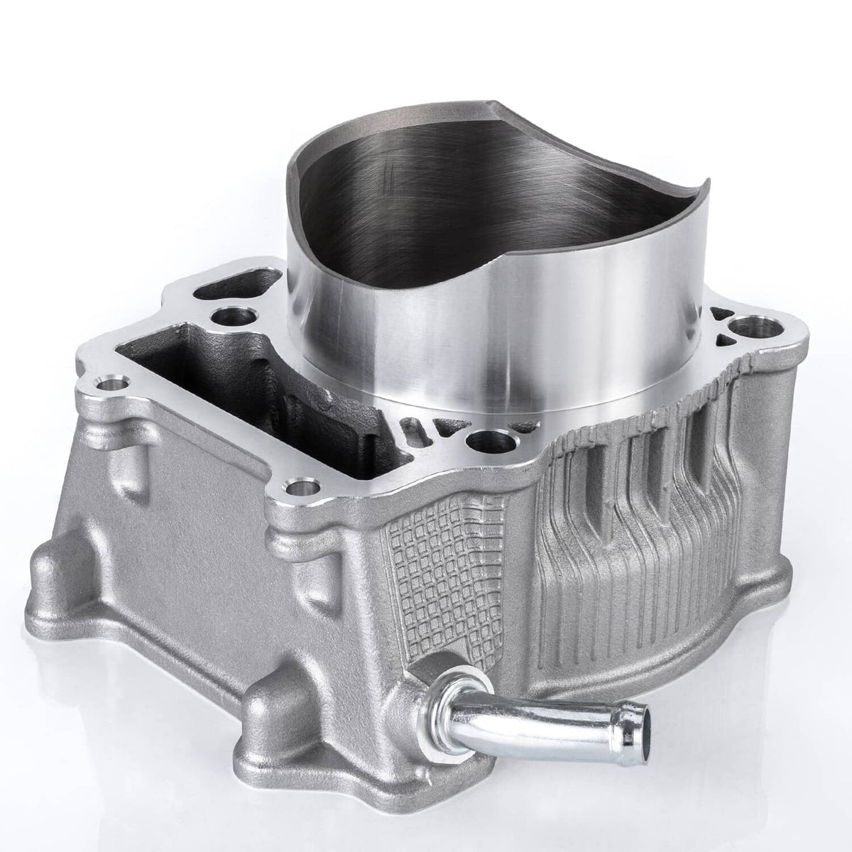 Metal motorcycle cylinder block with cooling fins, side exhaust outlet, and piston bore