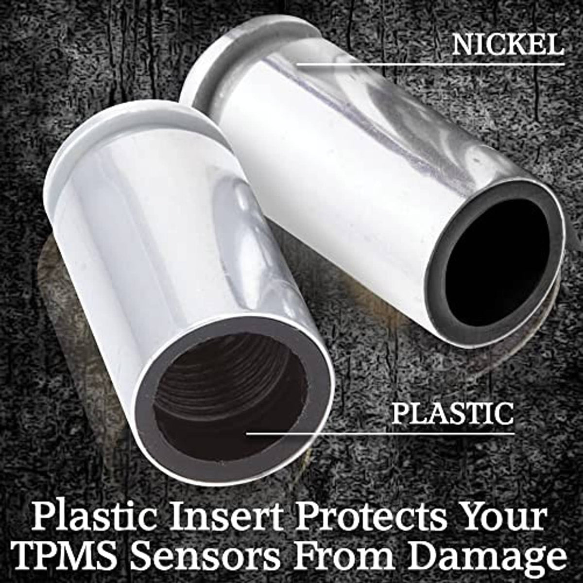 Two nickel bullet valve stem caps showing black plastic insert ends