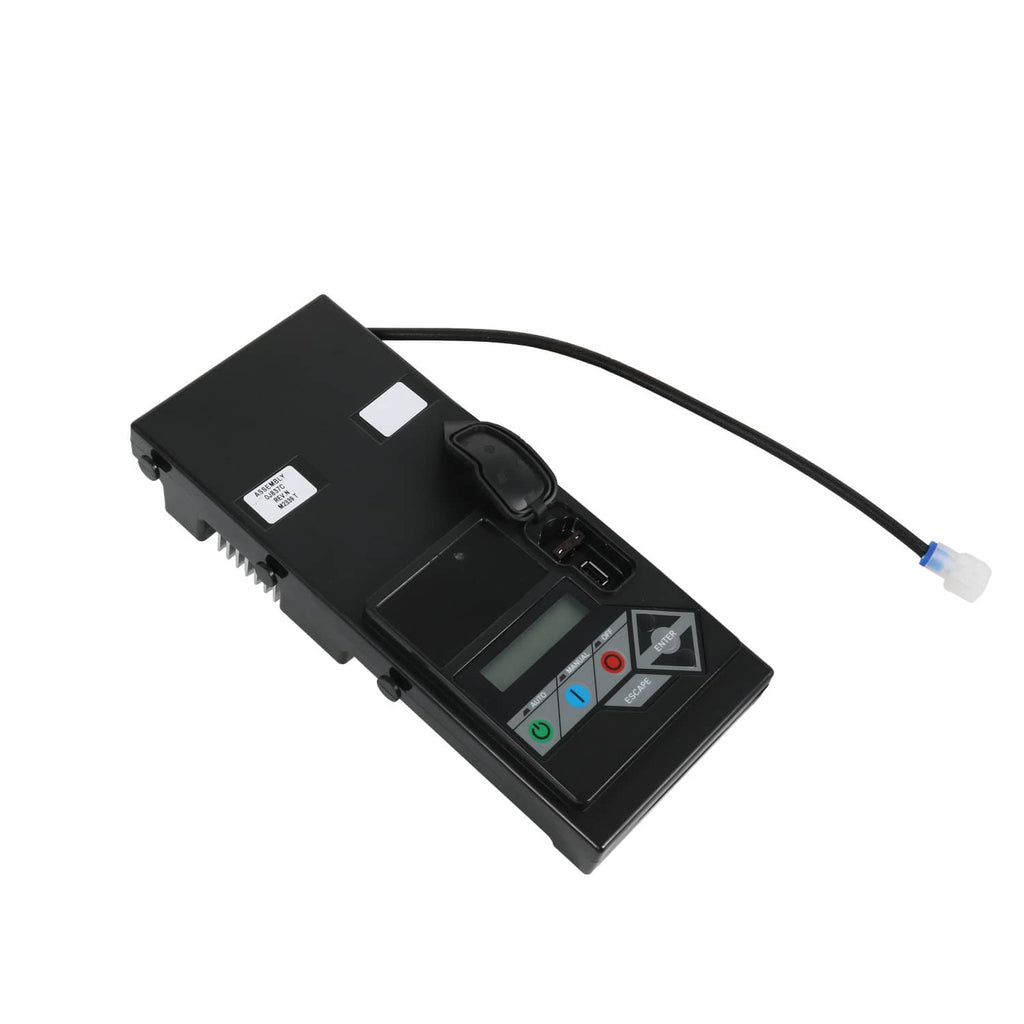 Black generator standby controller assembly with LCD screen and safety label