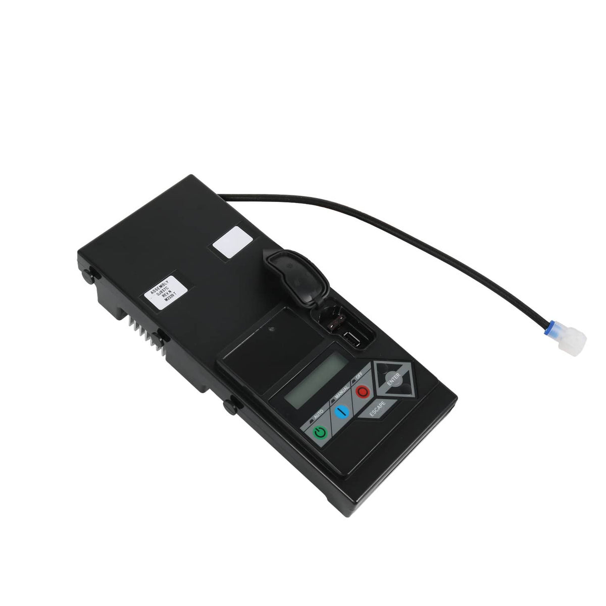Black generator standby controller assembly with LCD screen and safety label