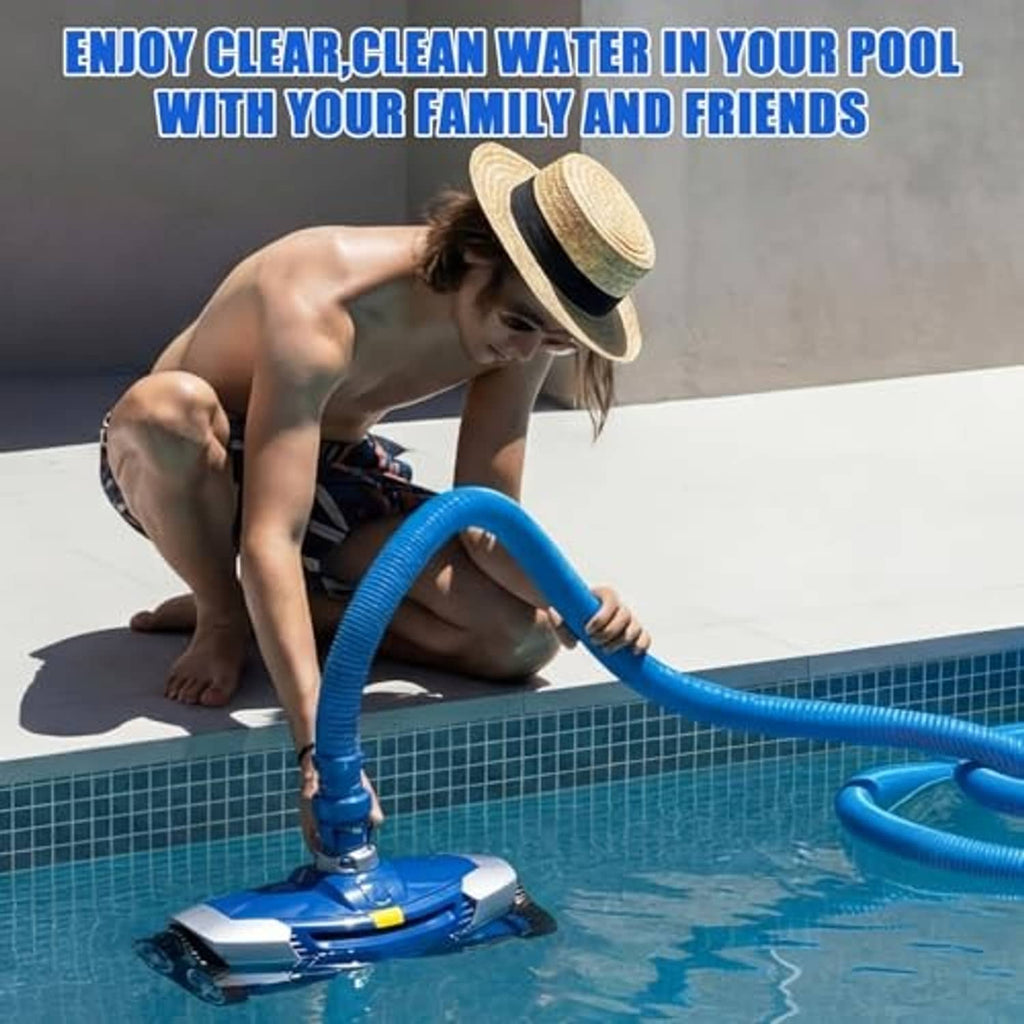 Blue pool cleaner top cover with swivel assembly on pool floor, gray inlet collar