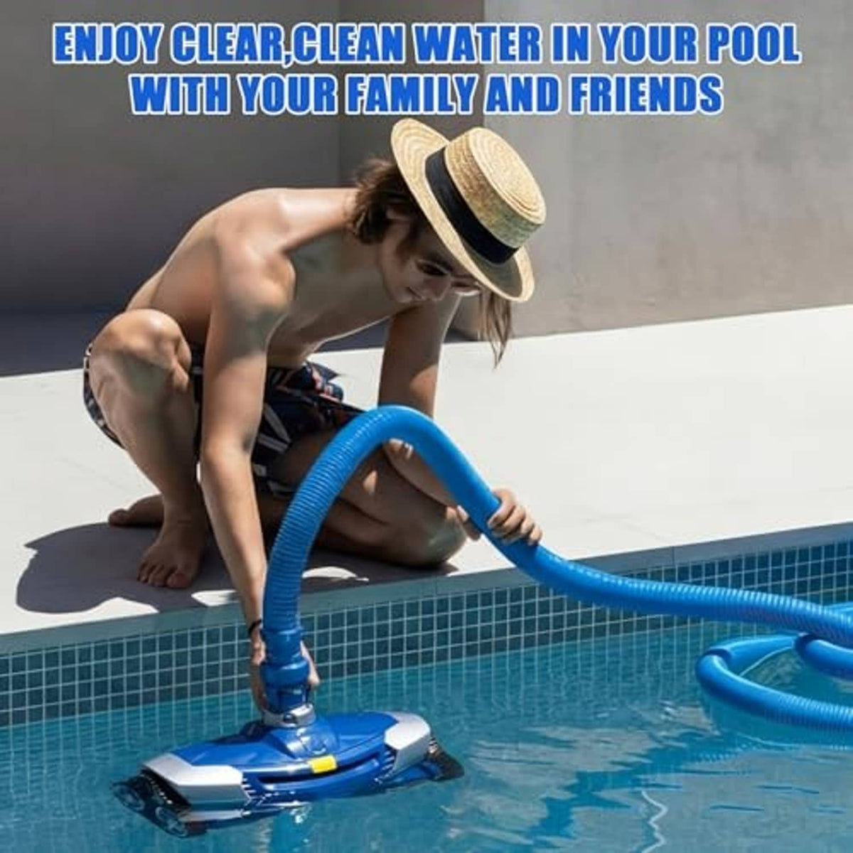 Blue pool cleaner top cover with swivel assembly on pool floor, gray inlet collar