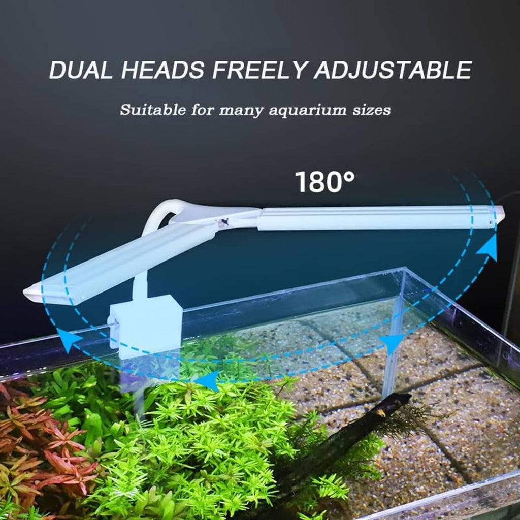 Dual-head adjustable LED aquarium clamp light with 180° positioning over plants