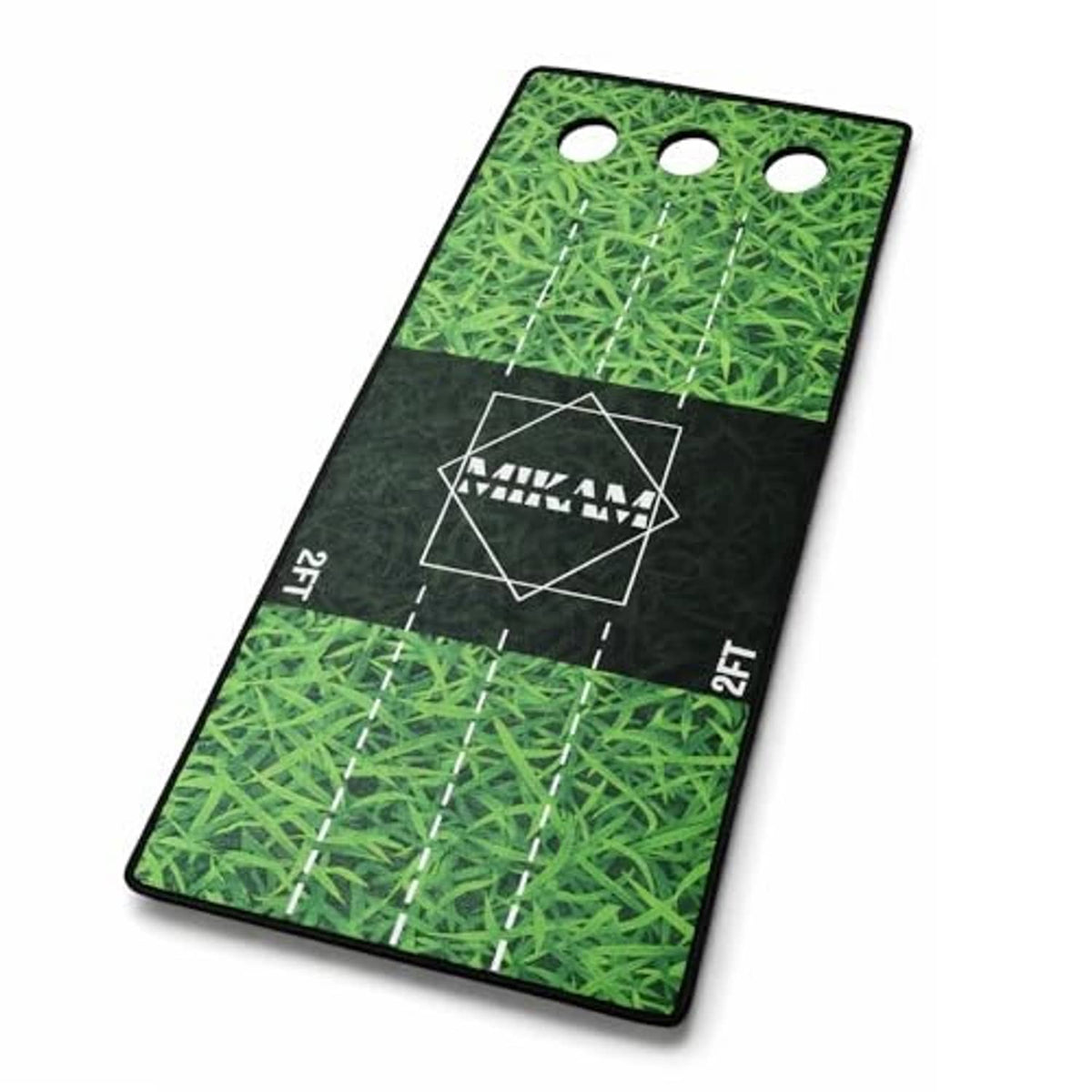 Golf putting practice mat with green grass texture, black border, distance lines and three practice holes