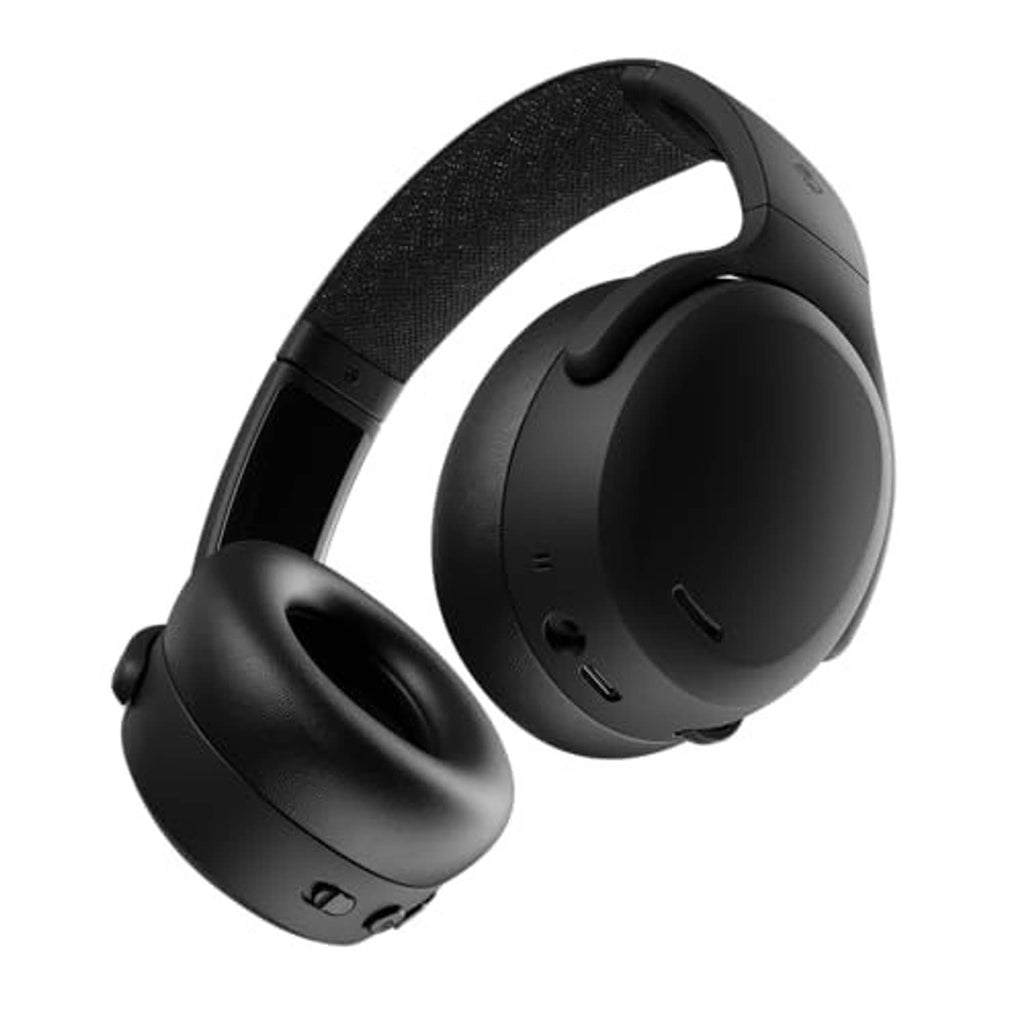 Black over-ear wireless noise-cancelling headphones, angled view with padded cushions