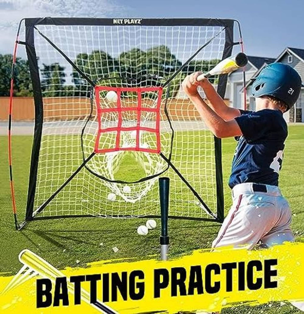 Batting practice net with white mesh and red strike-zone target grid, freestanding frame
