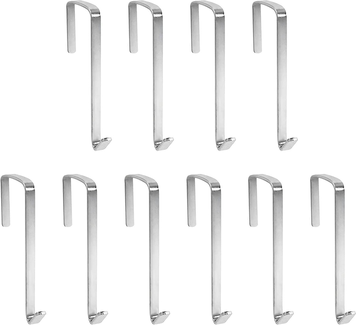 Pack of 10 shiny metal over-the-door hook hangers with curved top openings