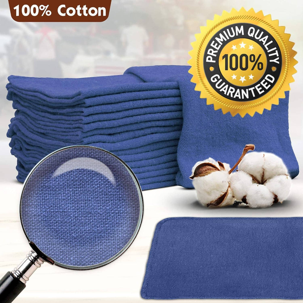 Blue 100% cotton shop towels stack with a premium quality badge and magnifier